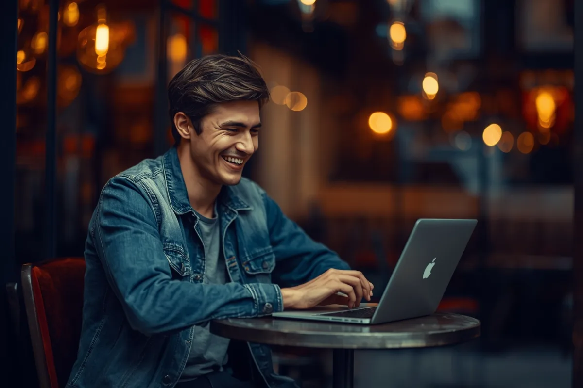 Man conversing through random chat text in a cozy cafe