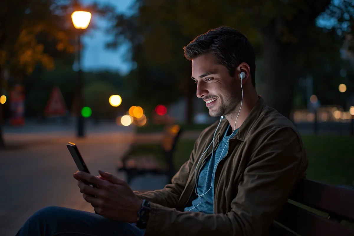 Man engaging in a chat on his phone while sitting on a park bench at dusk