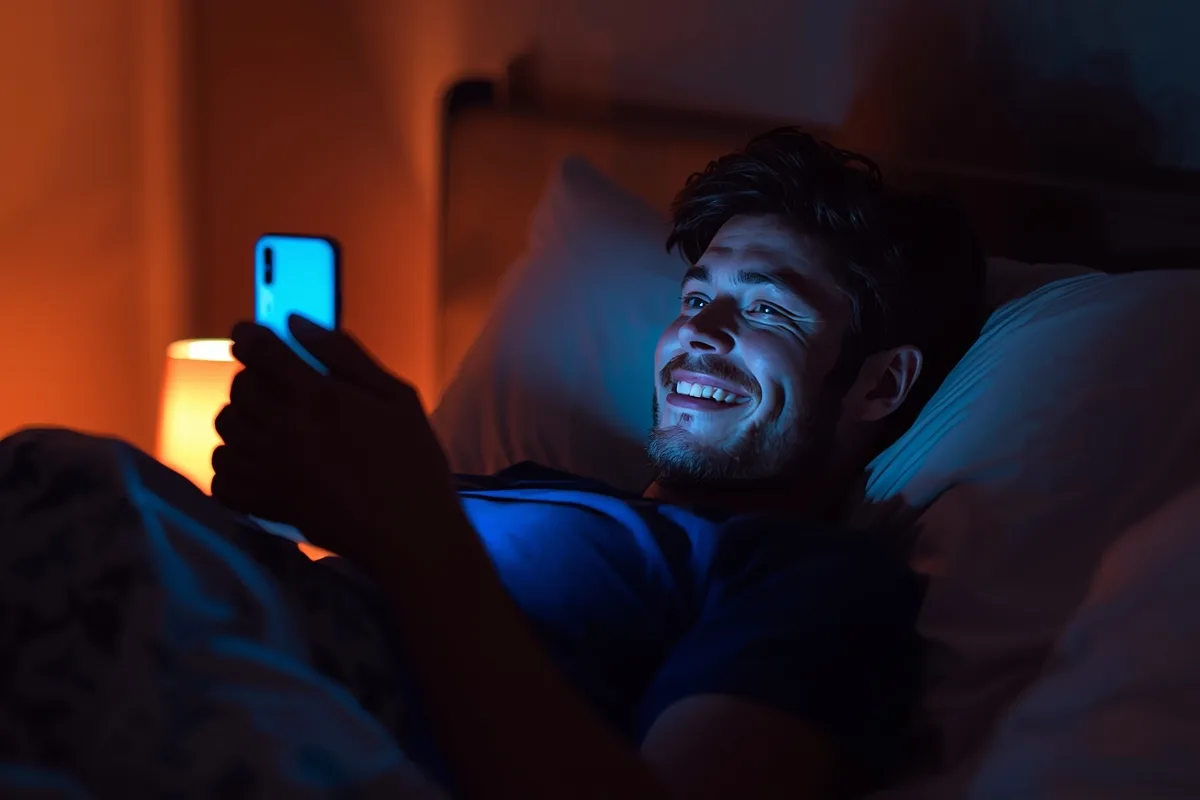 Man engaging with chat on his phone in a cozy bedroom
