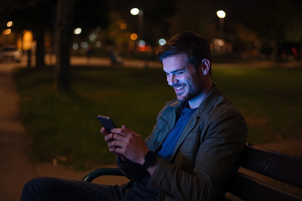 Man enjoying a random chat on a park bench at night