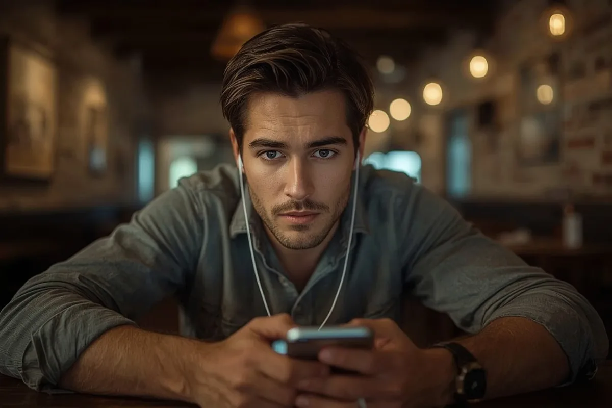 Man exploring video chat alternatives in cafe