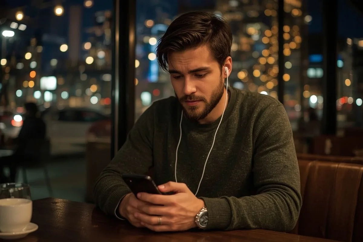 Man in a cafe at night looking at his phone with earbuds