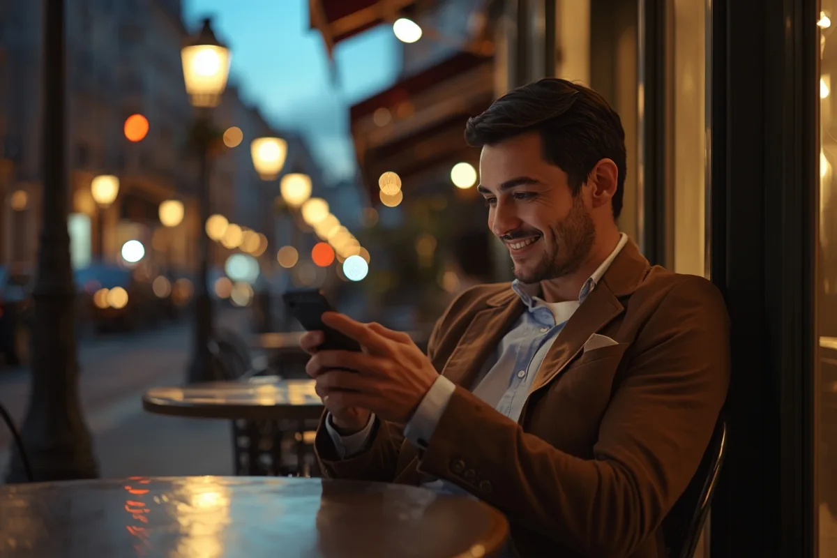 Man in a cafe terrace engaged in lively chat on his phone