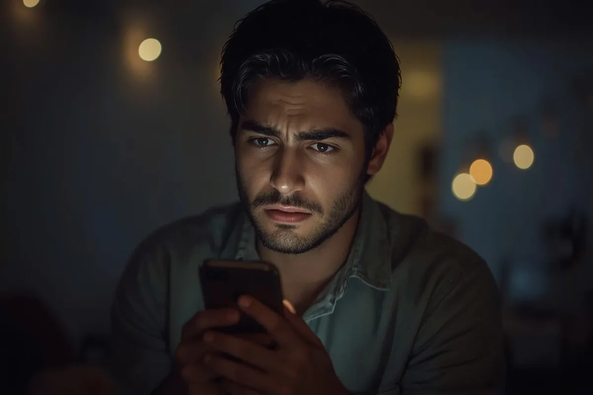 Man in dim room looking at phone with nervous excitement