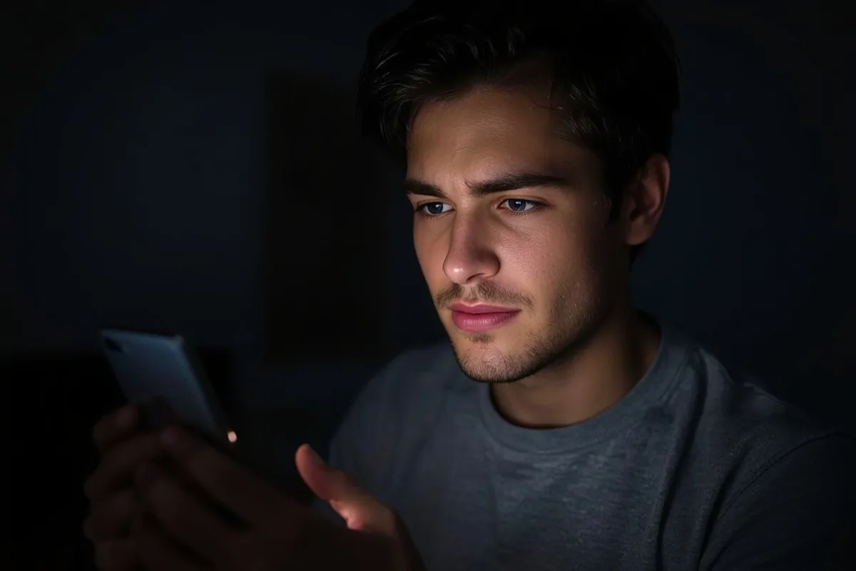 Man in his 30s amused by phone, engaged in Omegle capture content.