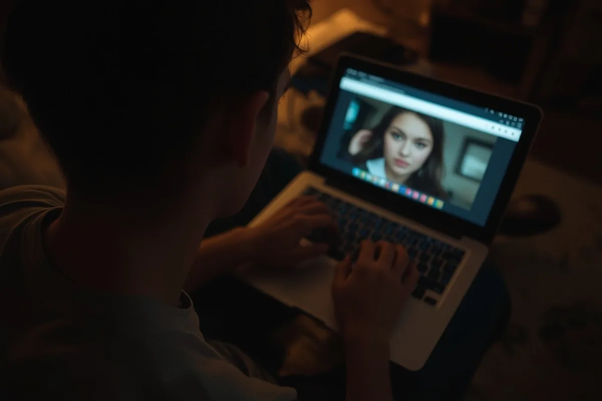 Man looking at blurred screen on laptop, anticipating Omegle interaction
