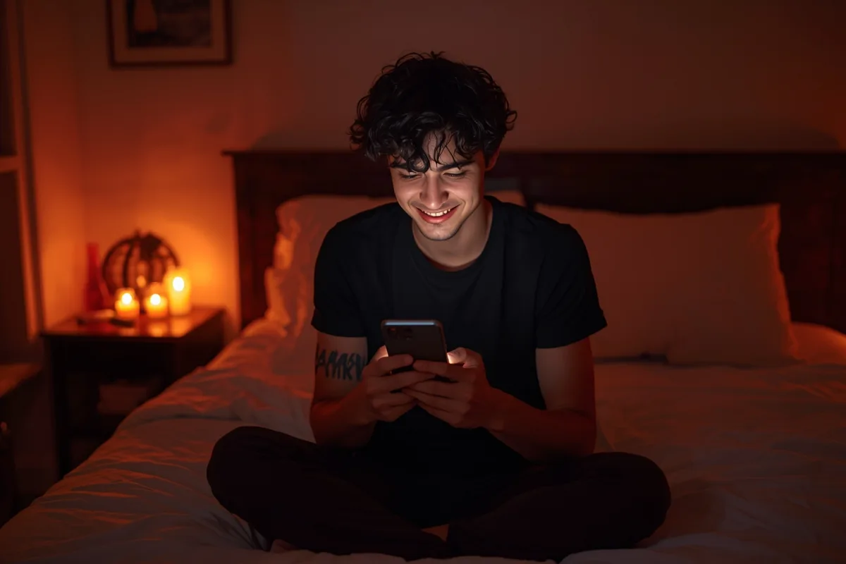Man on bed using phone for a chat, intimate setting