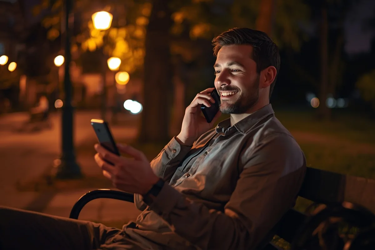 Man sitting on park bench at night, talking on phone