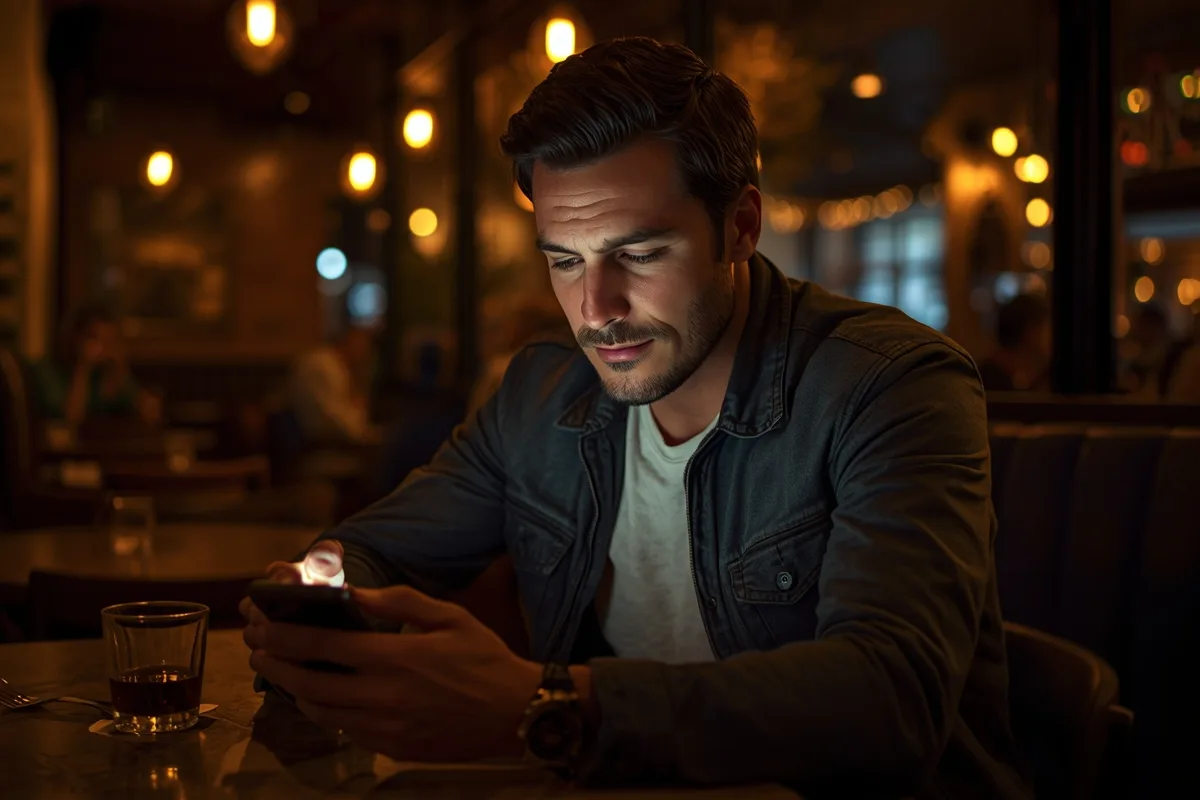 Man using his phone in a cozy cafe setting