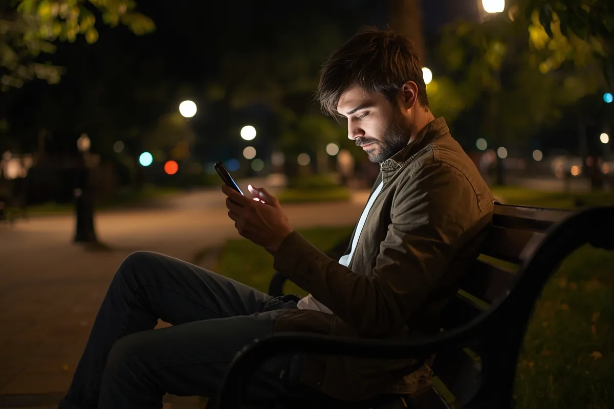 Man using phone for a video call on a park bench at night