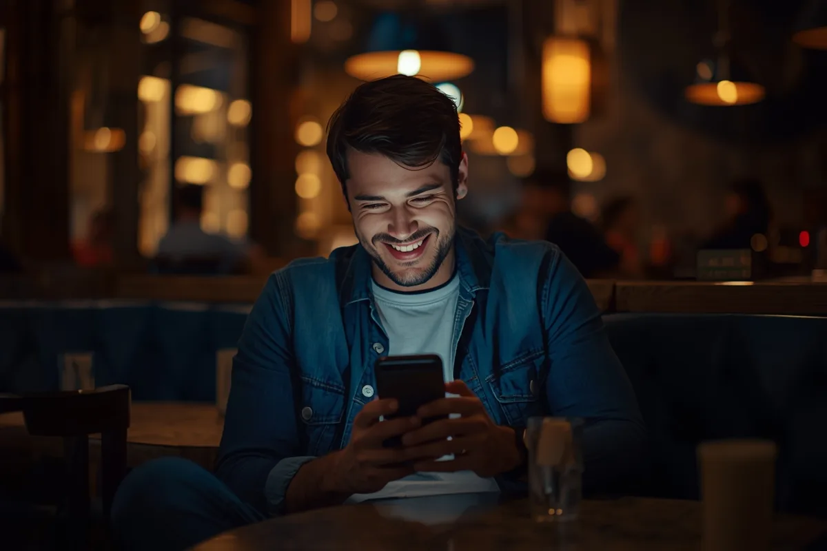 Man using phone for video chat in a quiet café