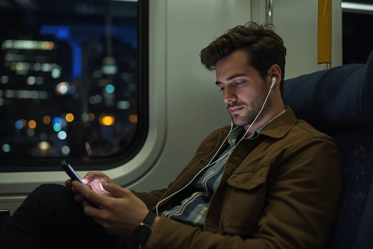 Man using phone in a train setting