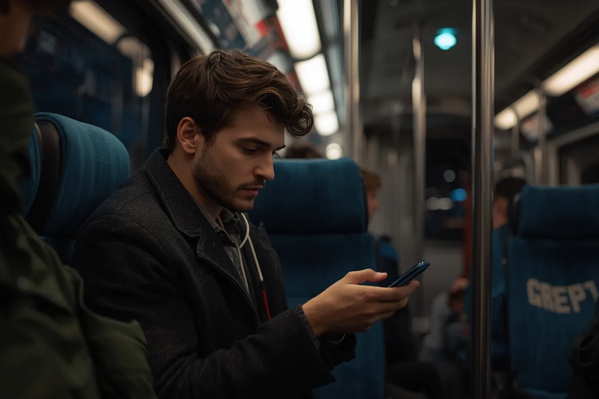 Man using phone on a train at night, looking engaged.