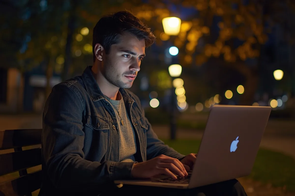 Man using video chat app outside on a park bench.