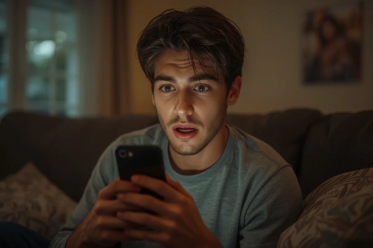 Man watching phone with a shocked expression