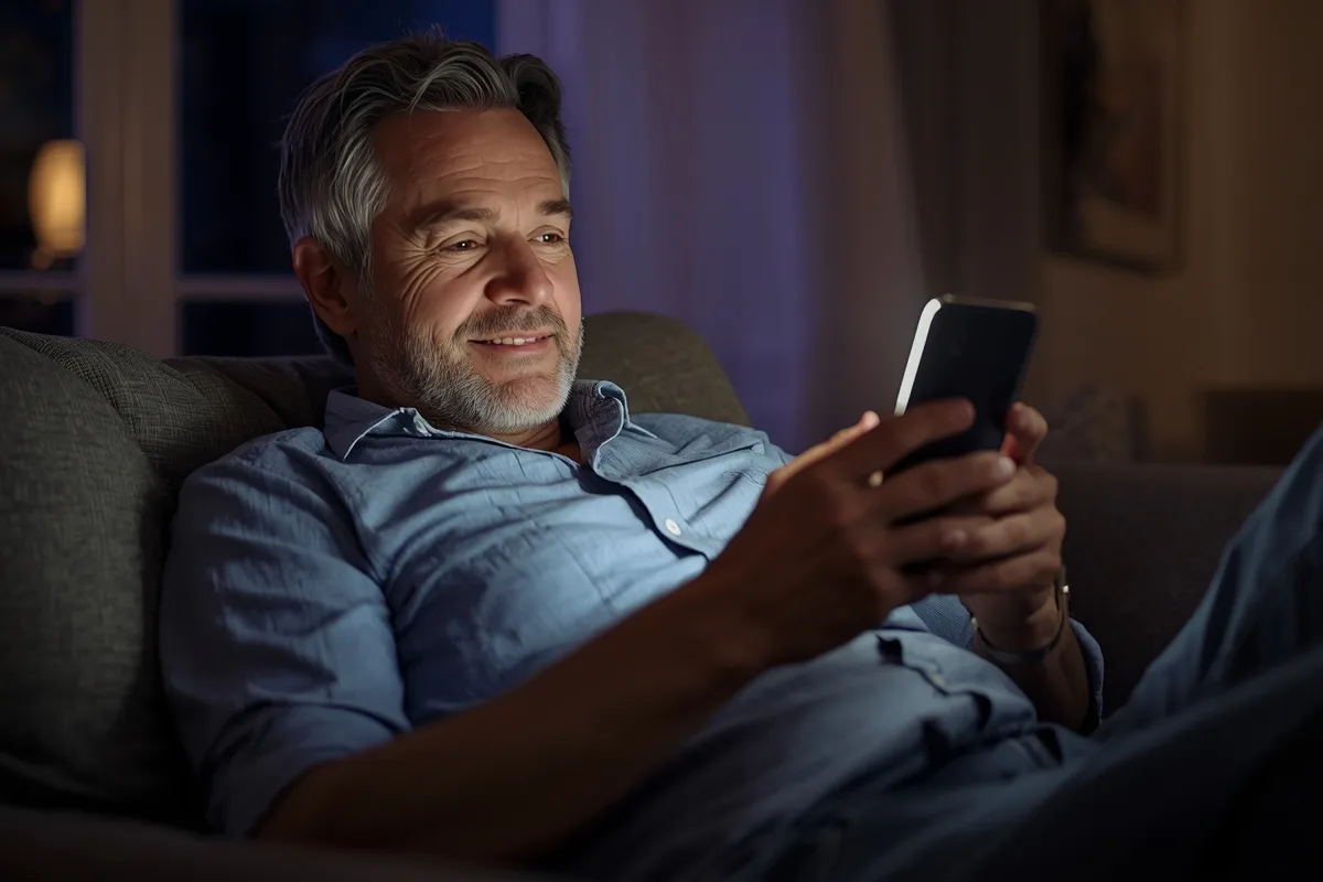 Middle-aged man comfortably chatting on his phone, showing engagement and connection.