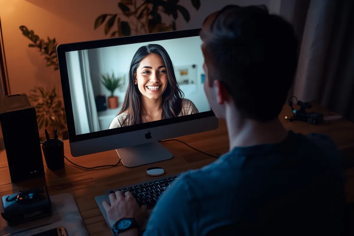 Over-the-shoulder view of a man chatting online with a laughing woman on screen.