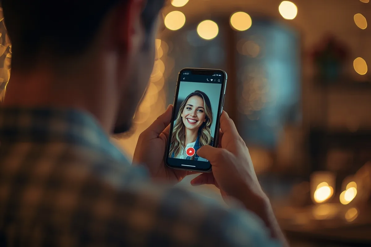 Over-the-shoulder view of a man engaged in a 1v1 video chat