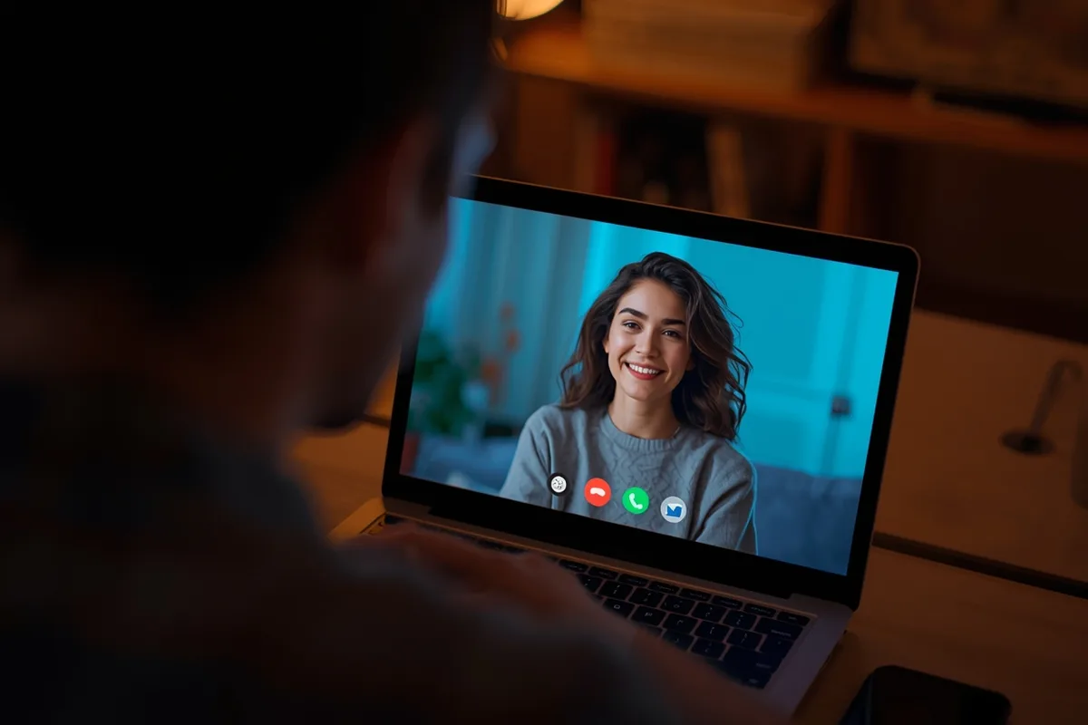 Over-the-shoulder view of a man video chatting with a smiling woman.