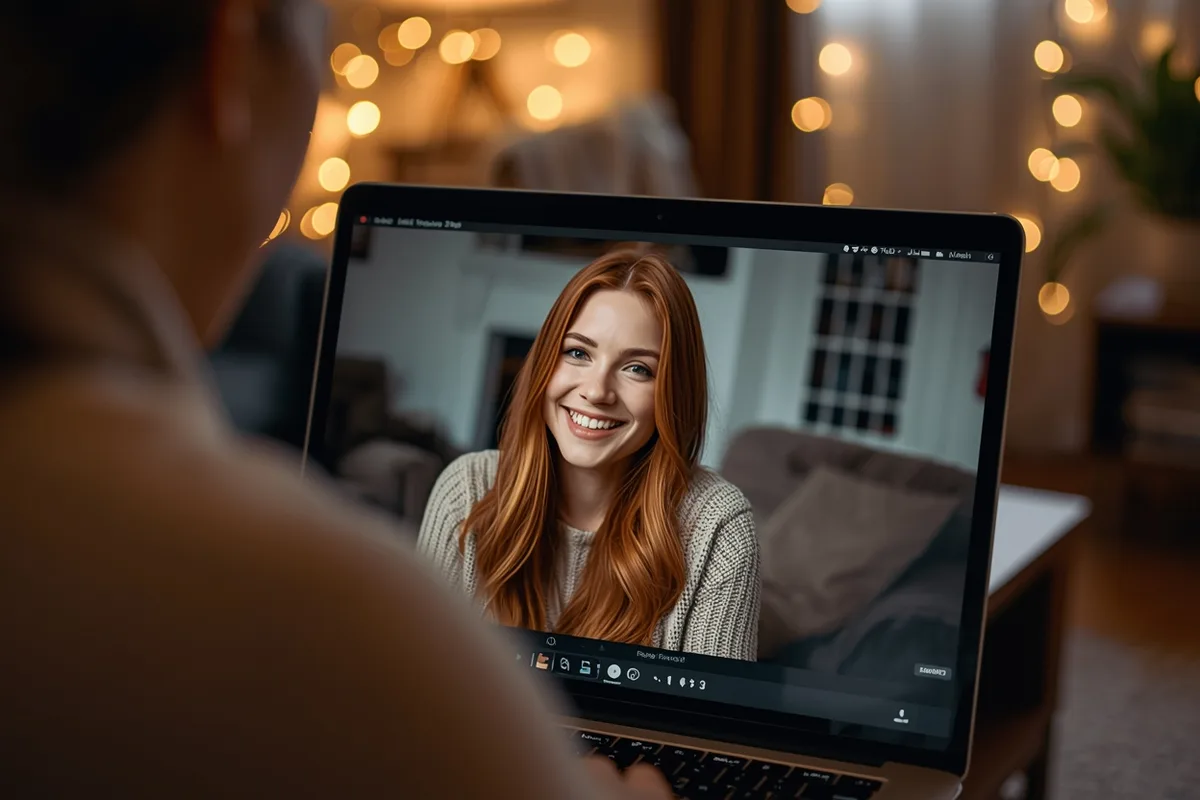 Over-the-shoulder view of a video chat with a smiling woman