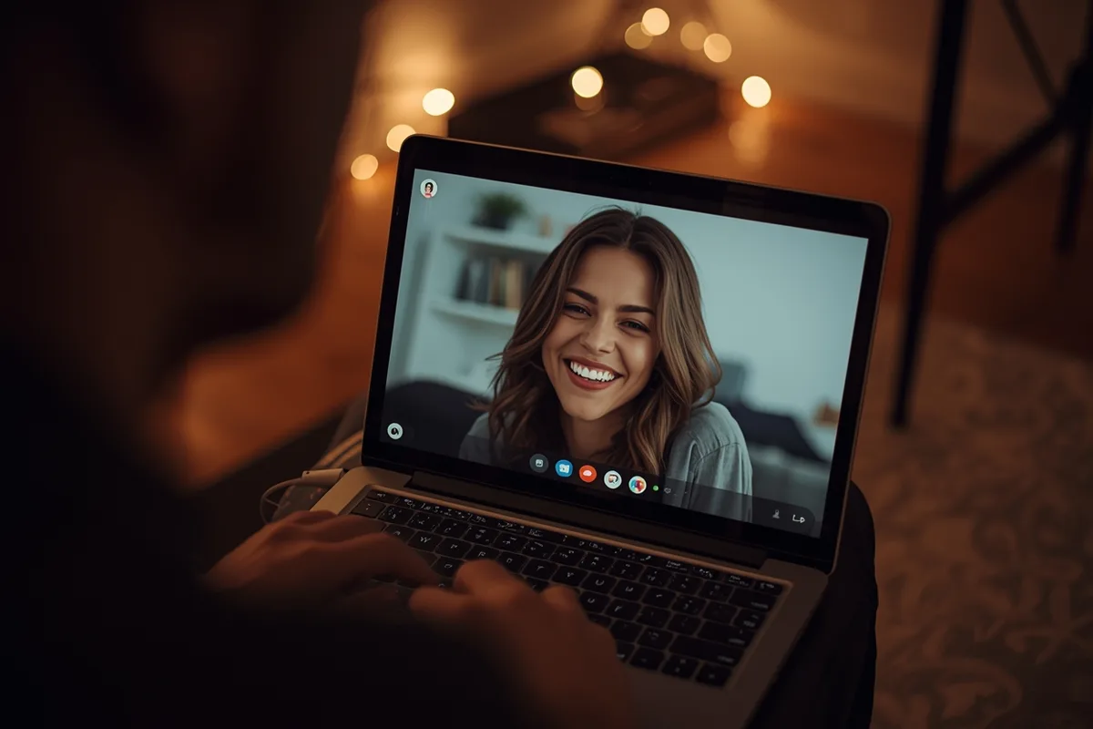 Over-the-shoulder view of video call with woman on screen