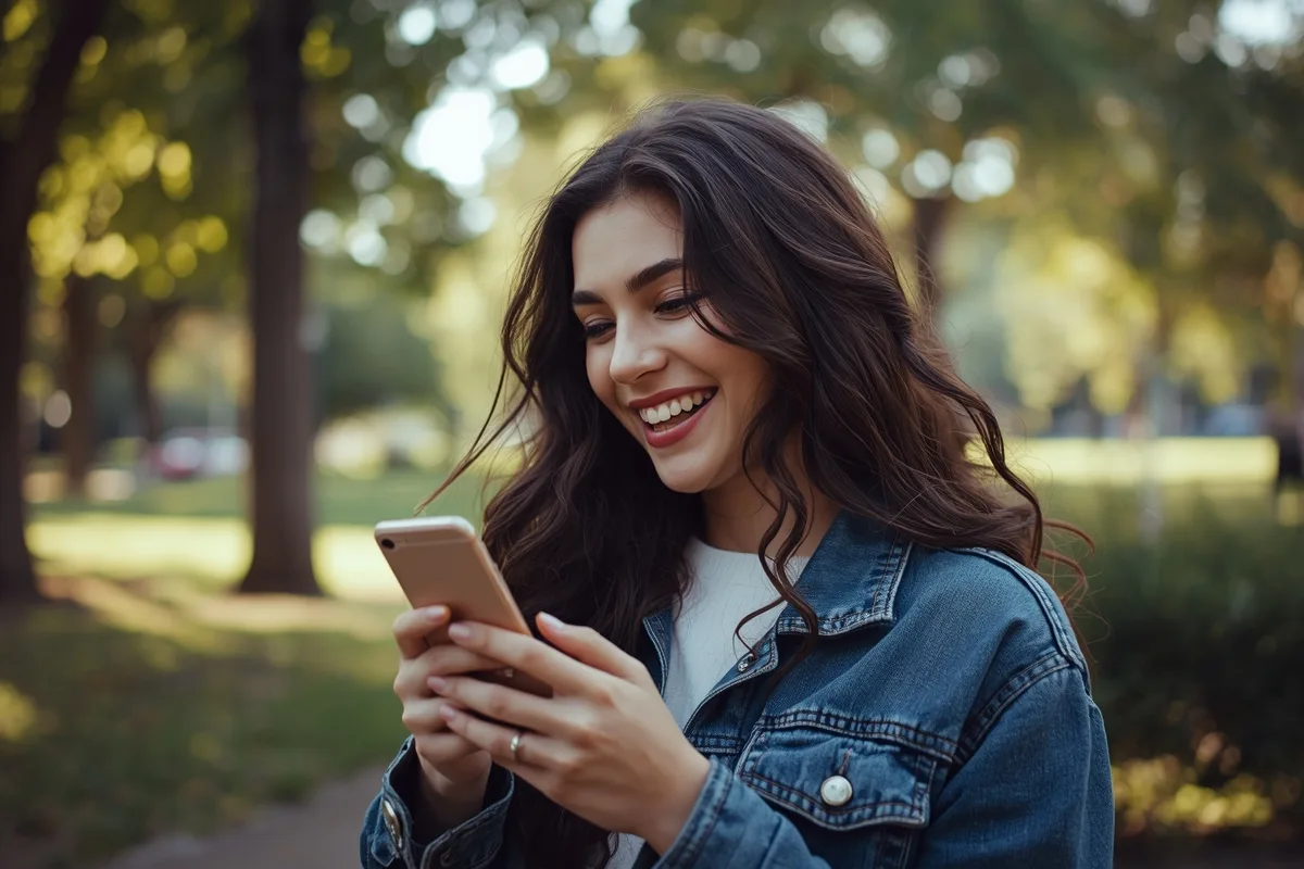 Person in a park smiling at a flirty message on their phone