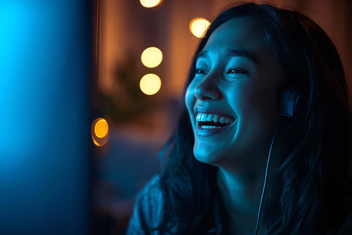 Person laughing during a video chat, illuminated by screen glow.