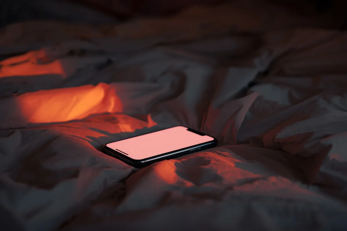 Phone on a bed glowing softly in a dimly lit room