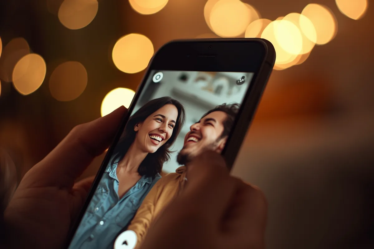 Phone screen showing two people laughing in video chat