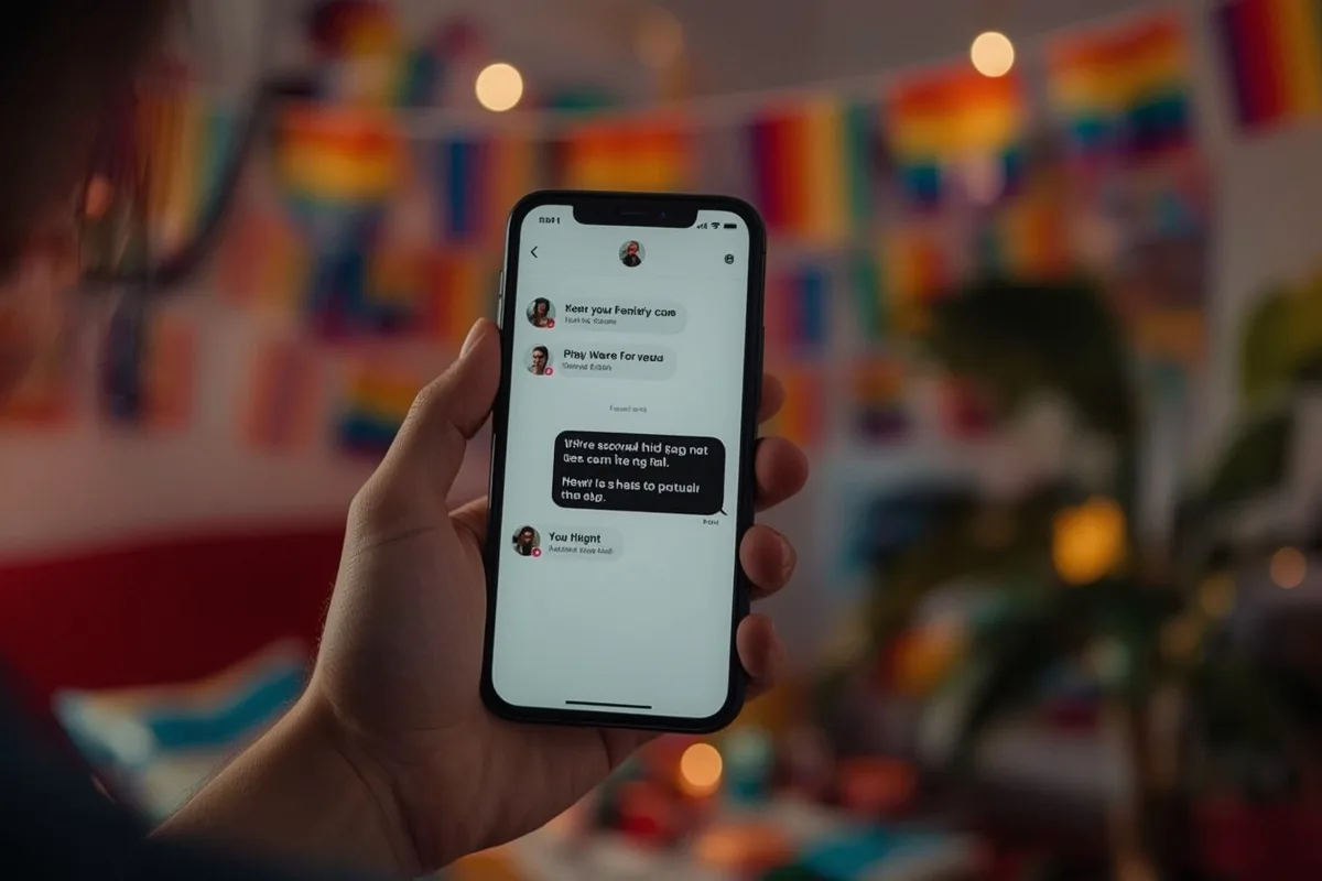 Phone screen with a bisexual chat app showing positive conversation.