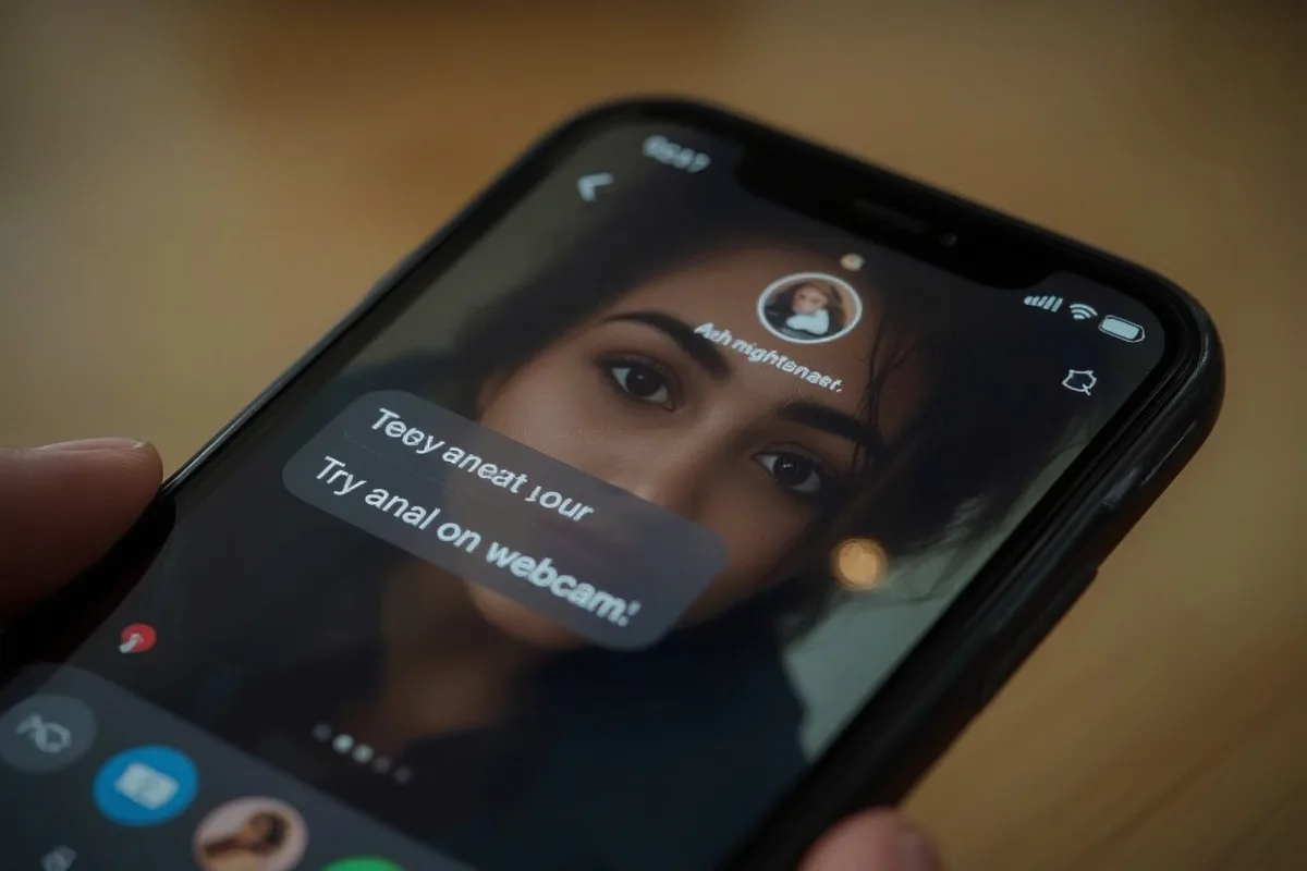 Phone screen with chat about anal on webcam