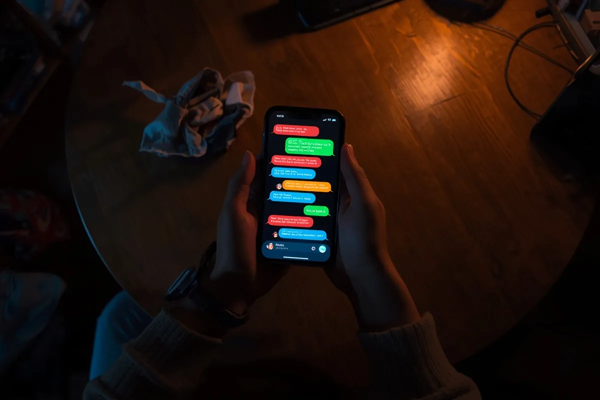 Phone screen with chat bubbles lighting up hands in a dim room
