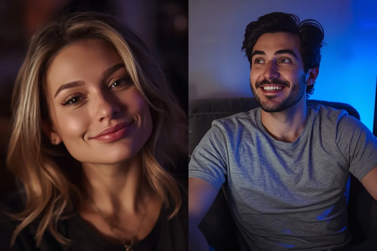 Playful split-screen of a woman winking and a man smiling, depicting interaction on a flirt site.