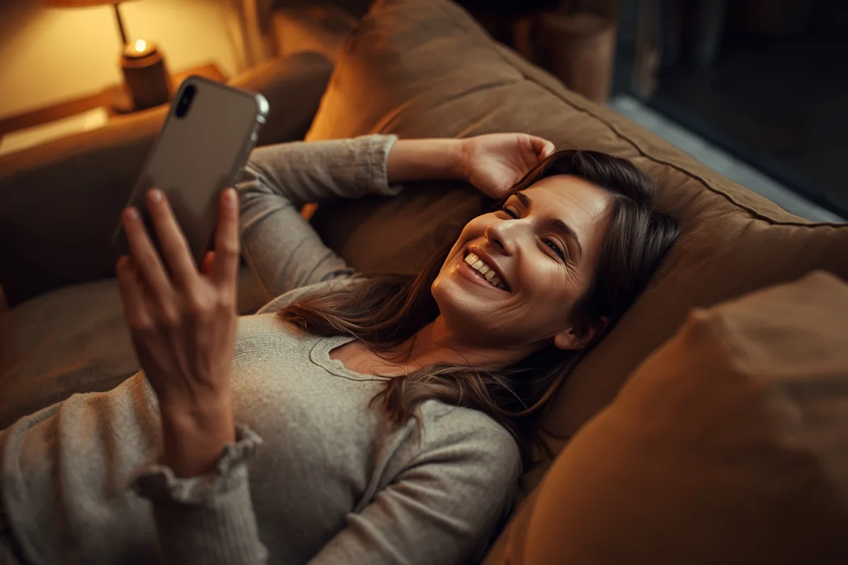 Relaxed married woman enjoying an evening chat on her phone