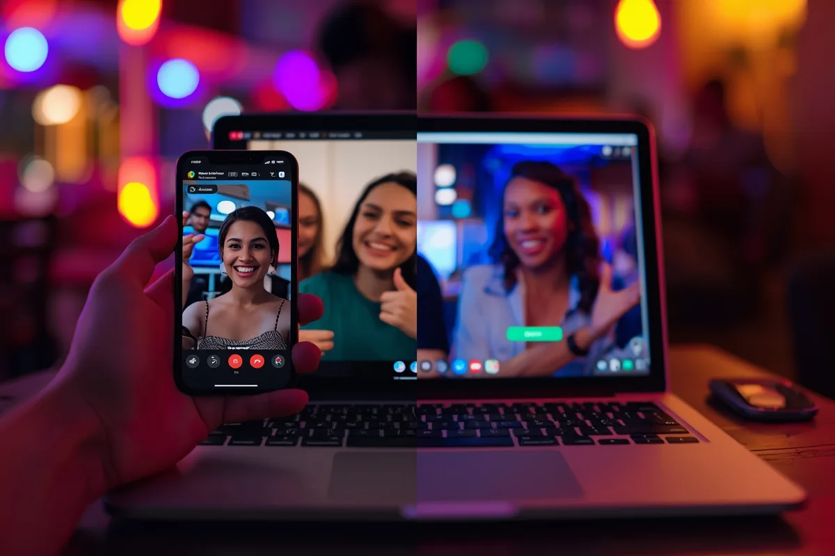 Side-by-side devices showing different video chat interfaces.