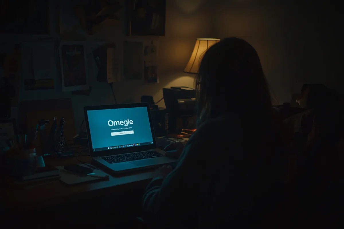 Silhouette of a person using a laptop for an Omegle session