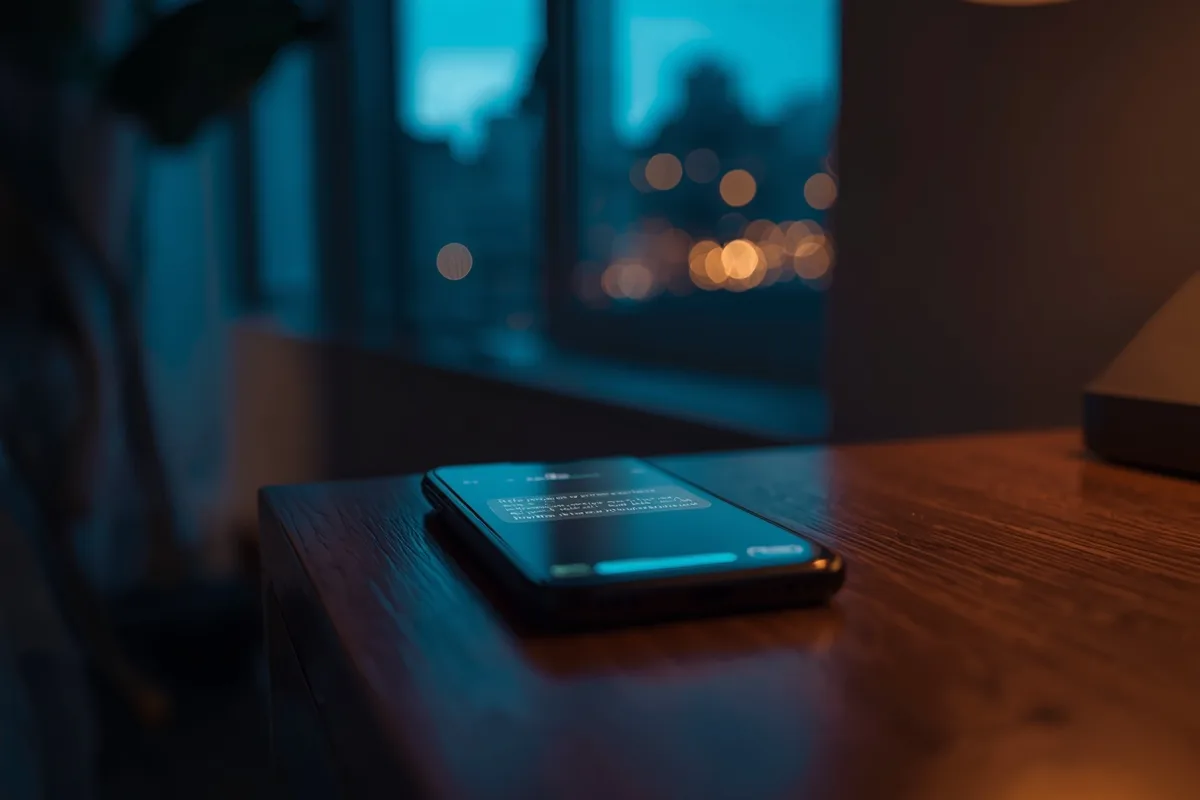Smartphone displaying random chat texting screen in a dimly lit room