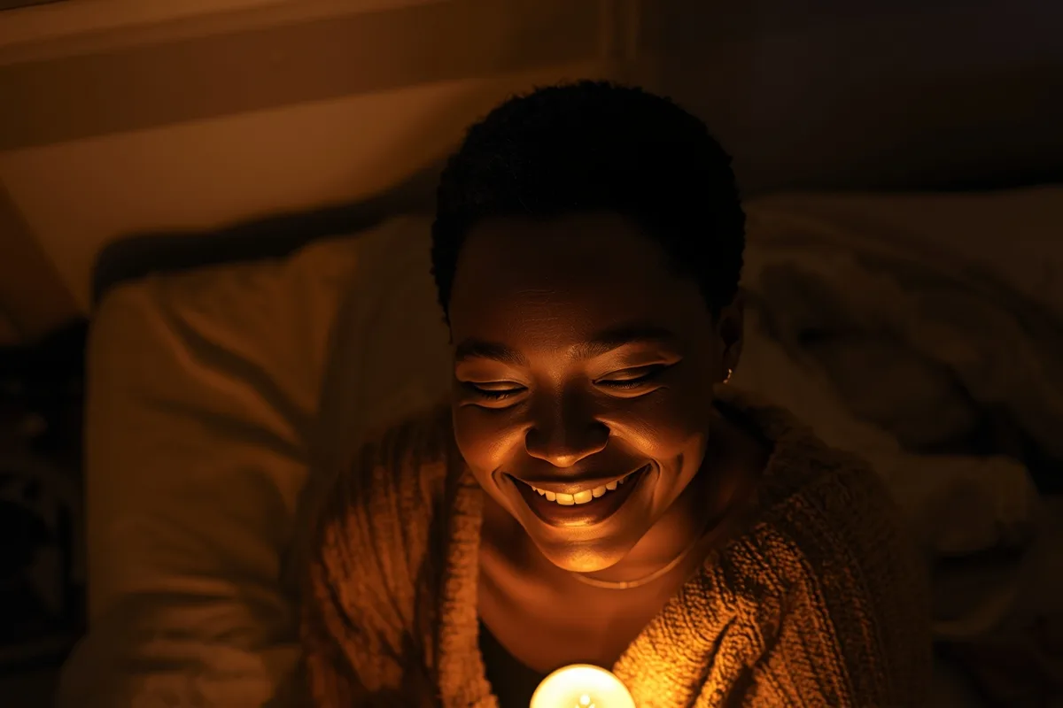 Smiling woman engaged in a warm setting in chat