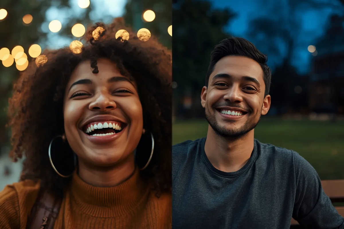 Split-screen image of two people on a joyful video call