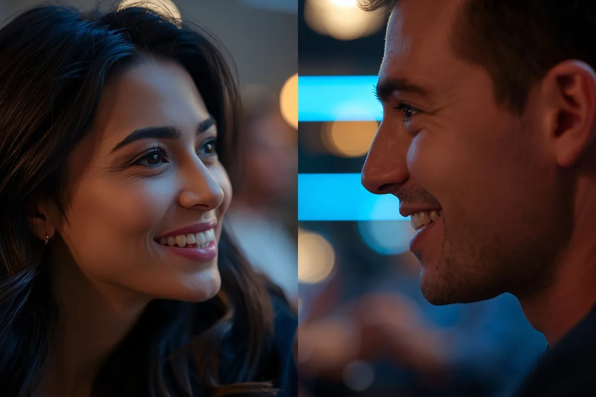 Split-screen of a woman and a man video chatting, smiling at each other