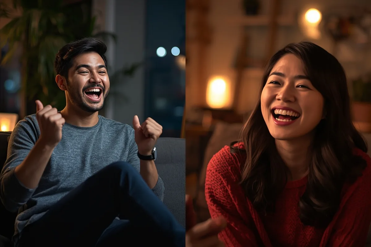 Split-screen of two people chatting with excitement via chat app