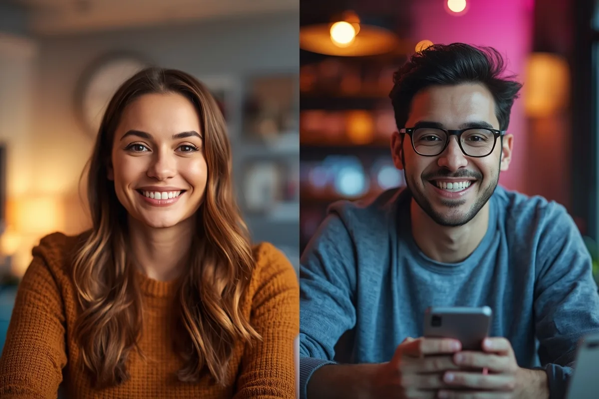 Split-screen of two people on a video call in different settings