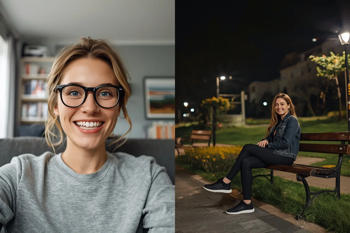 Split-screen of two people on a video call, playful expressions, diverse settings.
