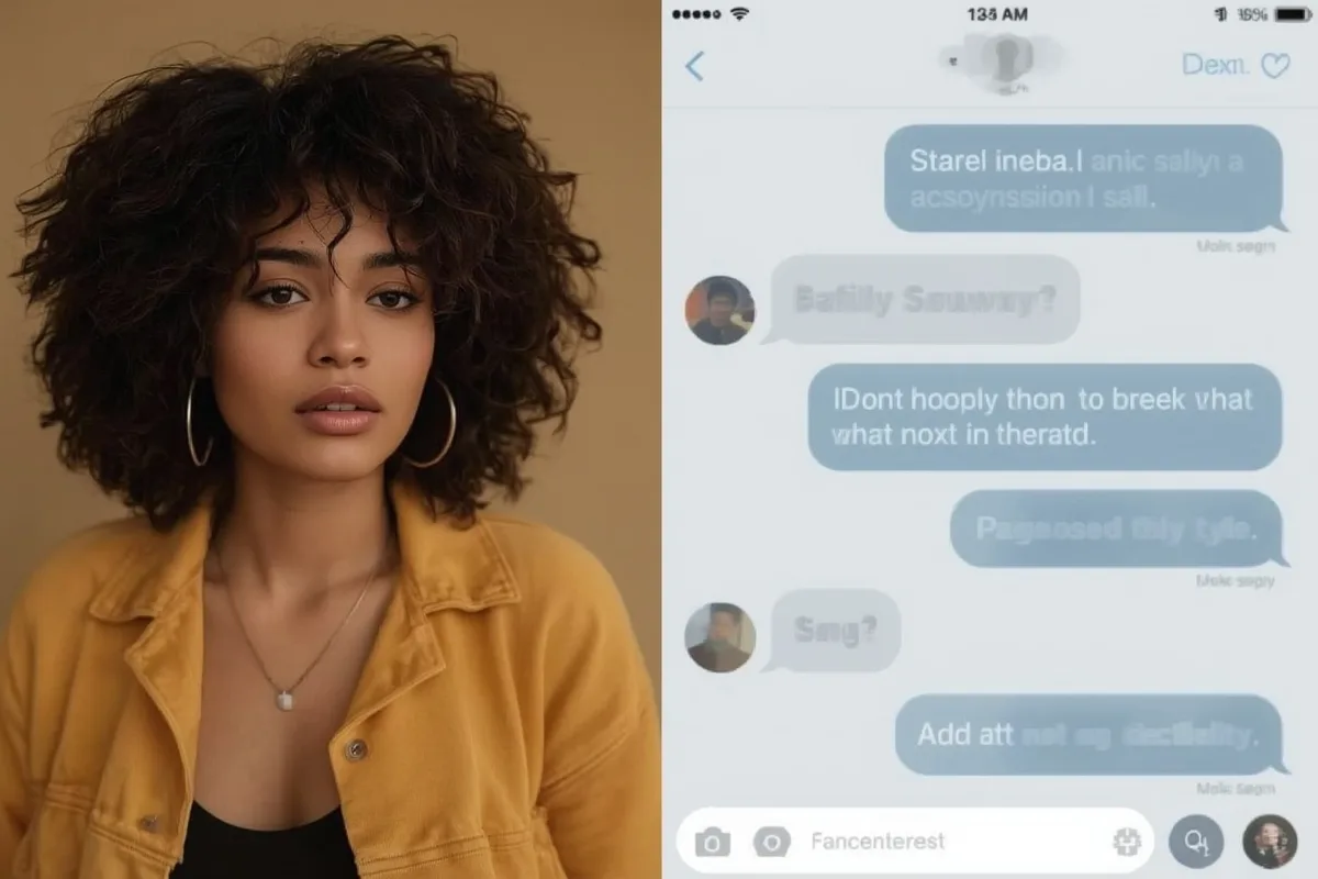 Split-screen of video call with woman and pixelated chat window
