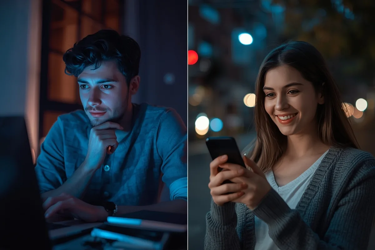 Split-screen showing a virtual chat between a man and a woman