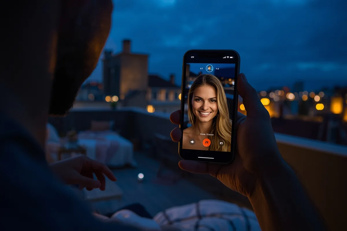 Split-screen video call showing a man chatting with a woman in a rooftop setting.