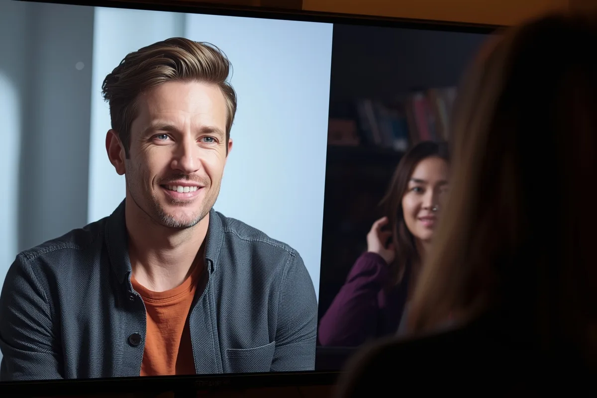 Split-screen video chat between a man and woman