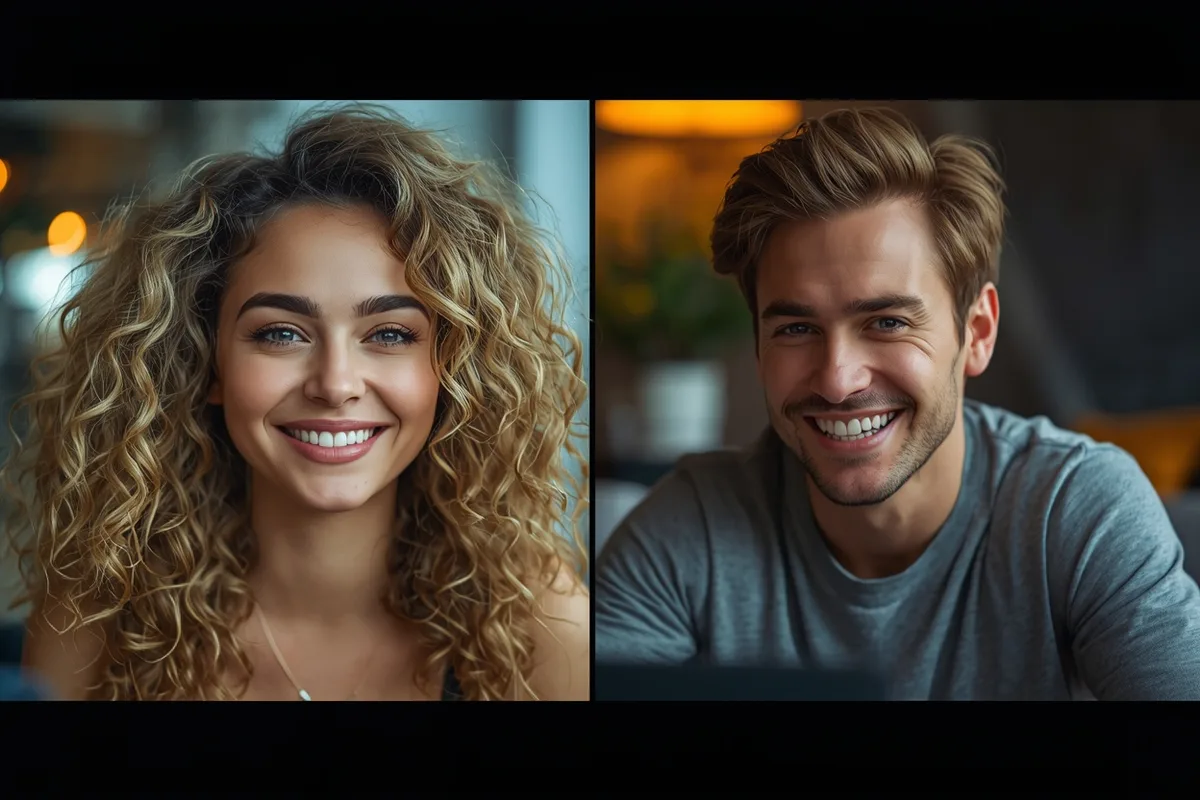 Split-screen video chat between a woman and a man