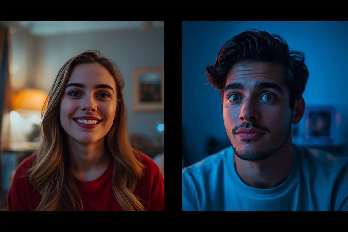 Split-screen video chat showing a warm interaction