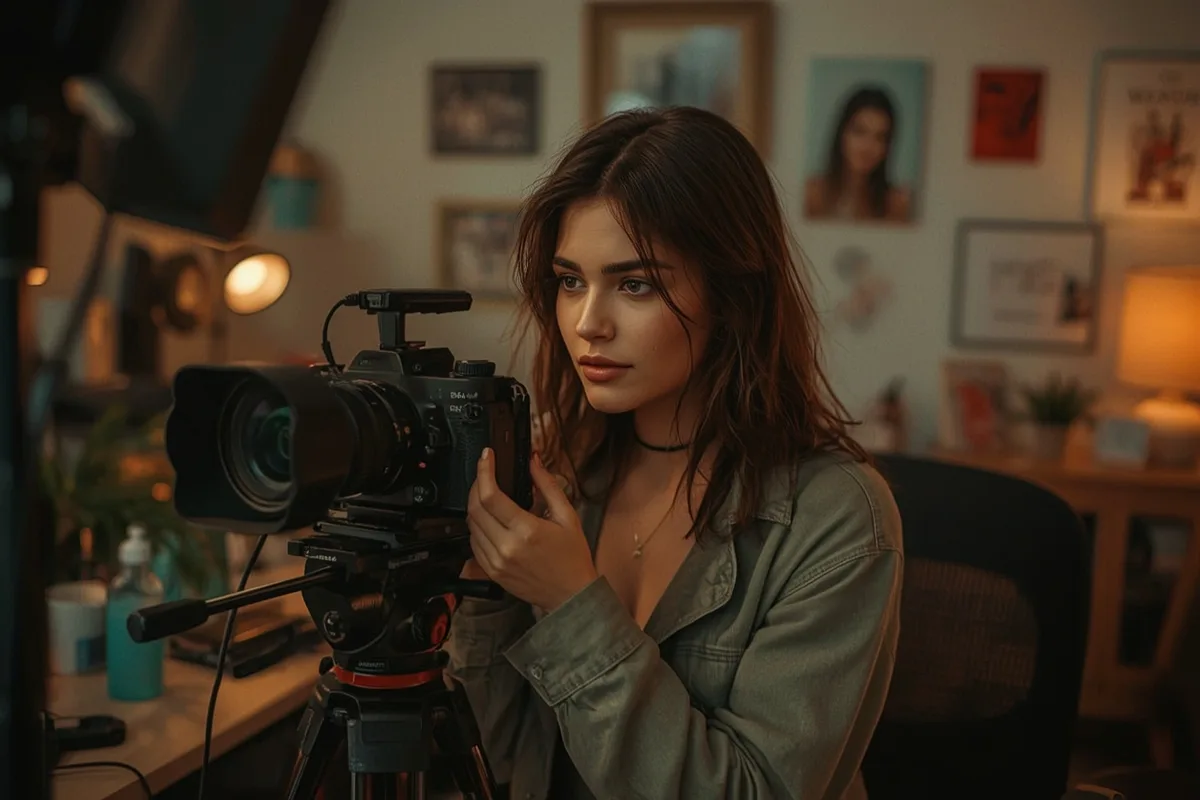 Trans cam model in home studio setting, adjusting equipment.